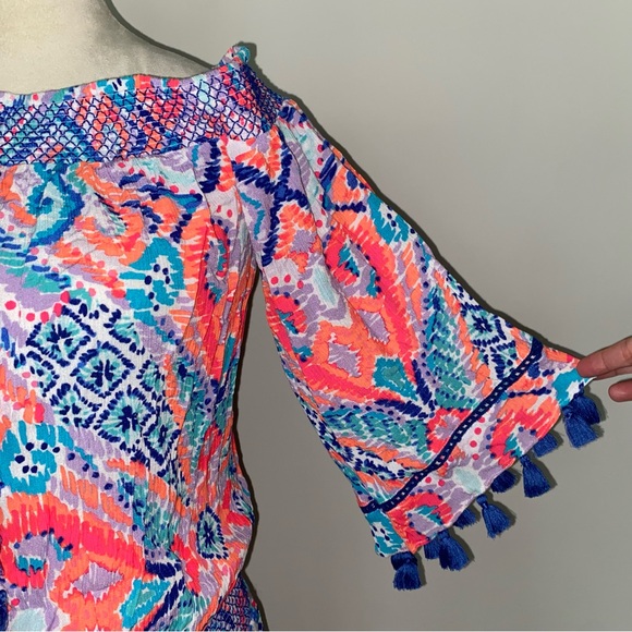 Lilly Pulitzer Joelle Dress Off Shoulder Crepe Multi Smocked Tassel M Beach - Picture 8 of 12